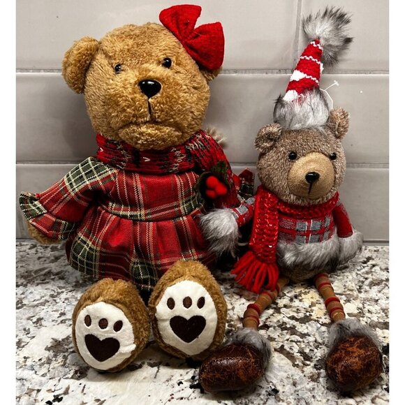 Hanna's Handiworks Holiday Teddy Bear Duo Set With Plaid Dress & Red Scarf Plush - Picture 1 of 4